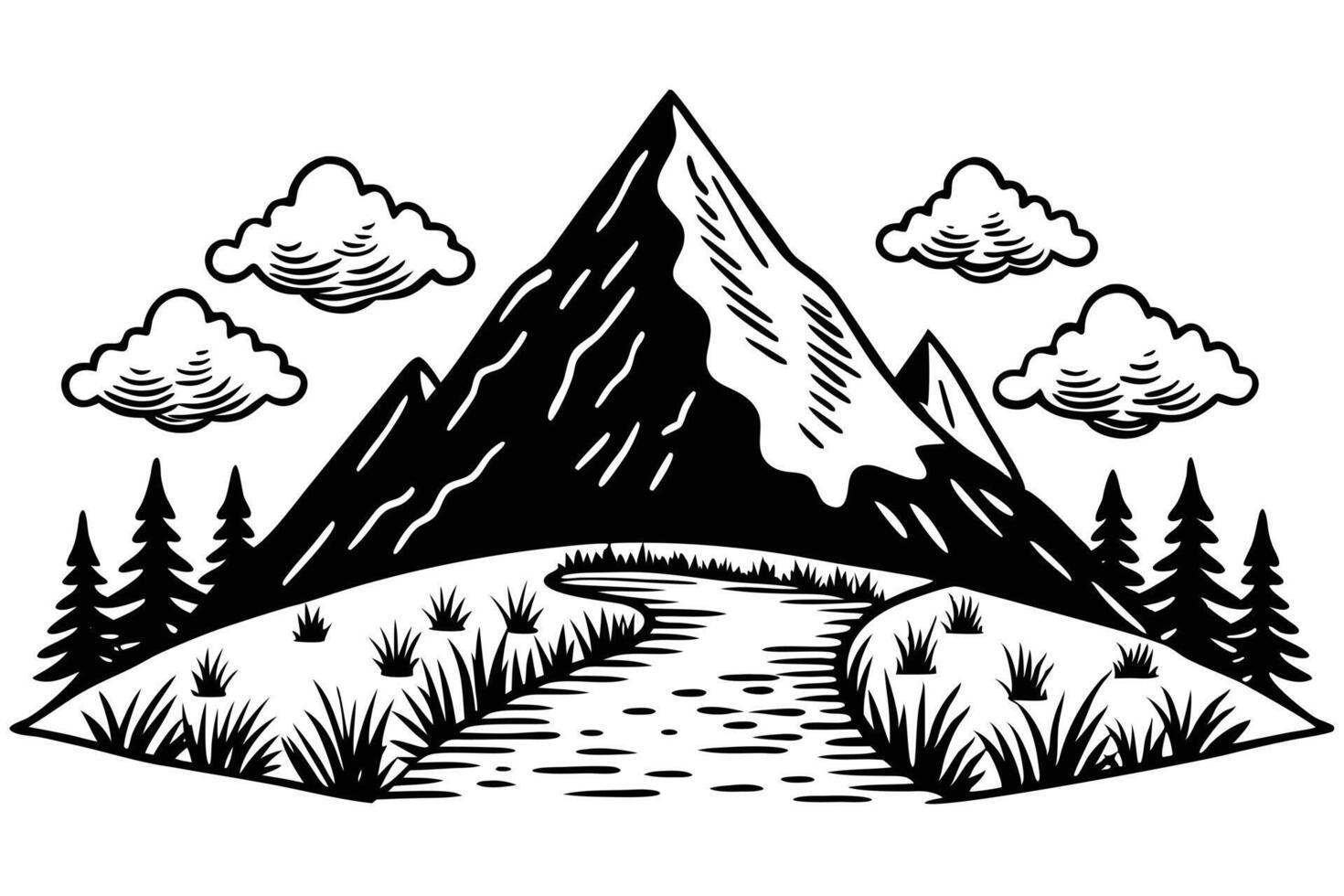 A black and white illustration of a mountain landscape with clouds and trees art vector