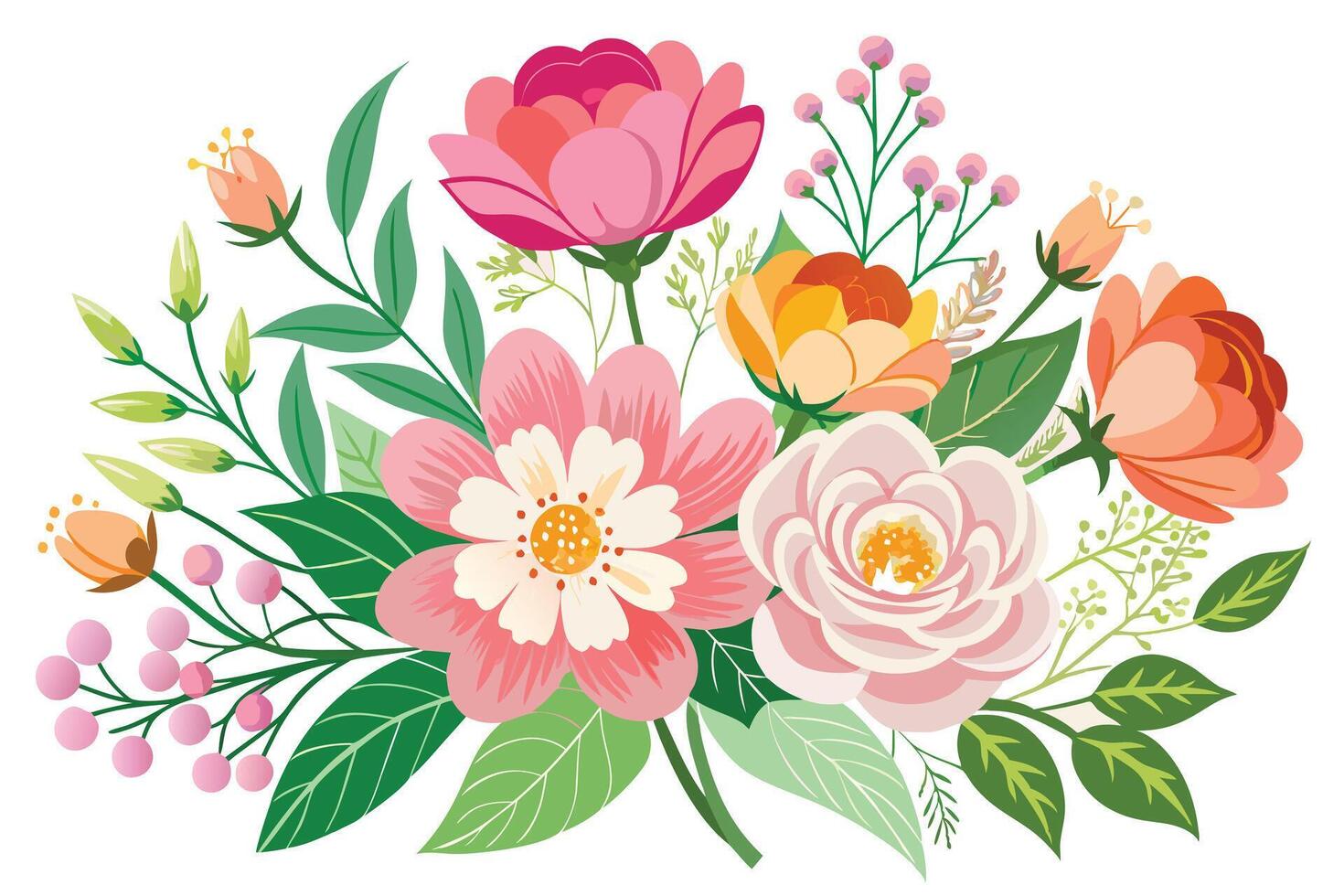 A colorful floral arrangement featuring pink orange and yellow flowers and green leaves vector