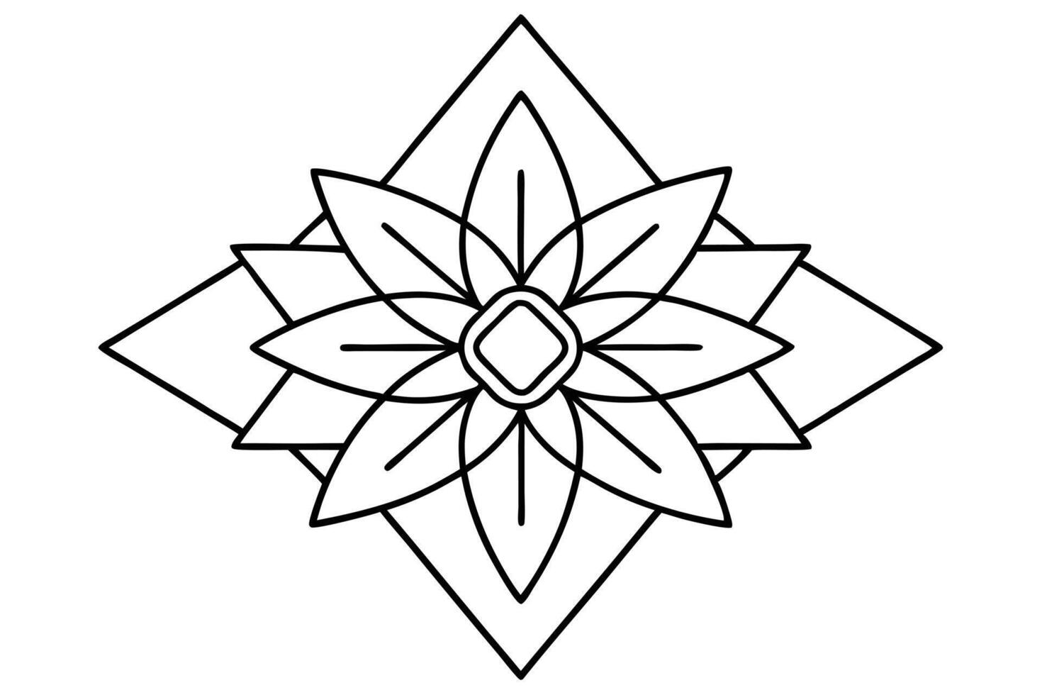 A geometric flower design with petals inside a diamond shape in black and white vector
