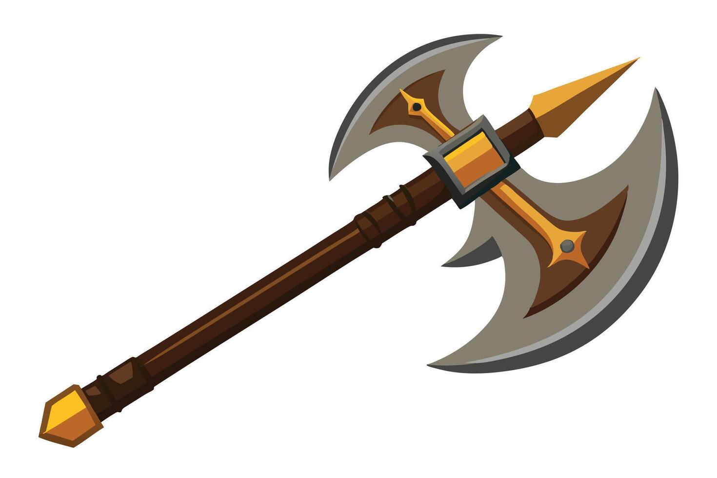 A cartoon style battle axe with a brown handle and metallic gold accents isolated vector
