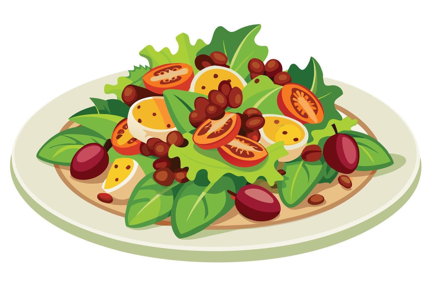 Fresh salad with tomatoes, eggs, lettuce, and plums isolated on white background vector