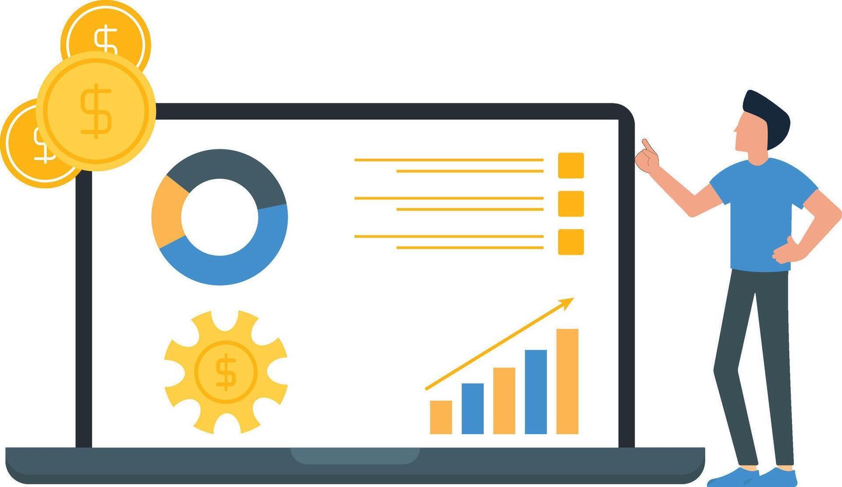 Manage money concept. Woman with charts evaluates expenses and income. Formation of budget and calculation of money on of company vector