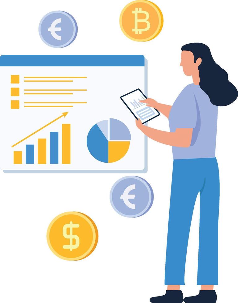 Balance financial value, management and administration concept. Characters, people engineering a plan. Statistic, calculating financial risk graph vector