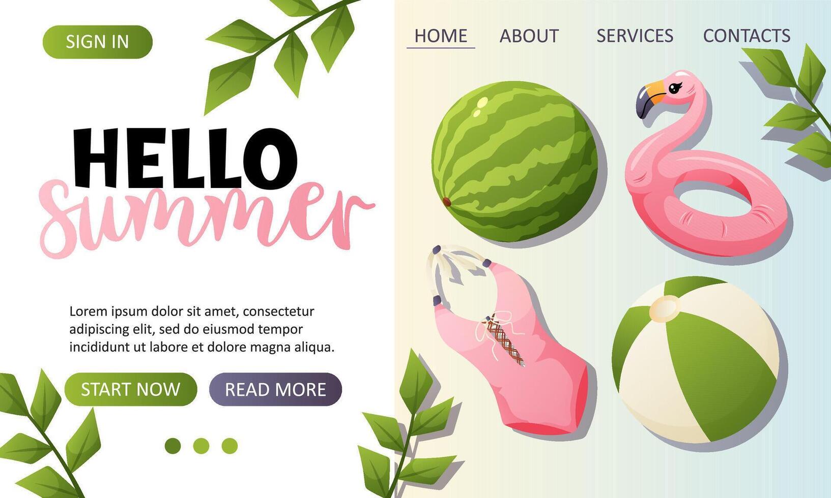 Summer landing page with beach items and heading vector