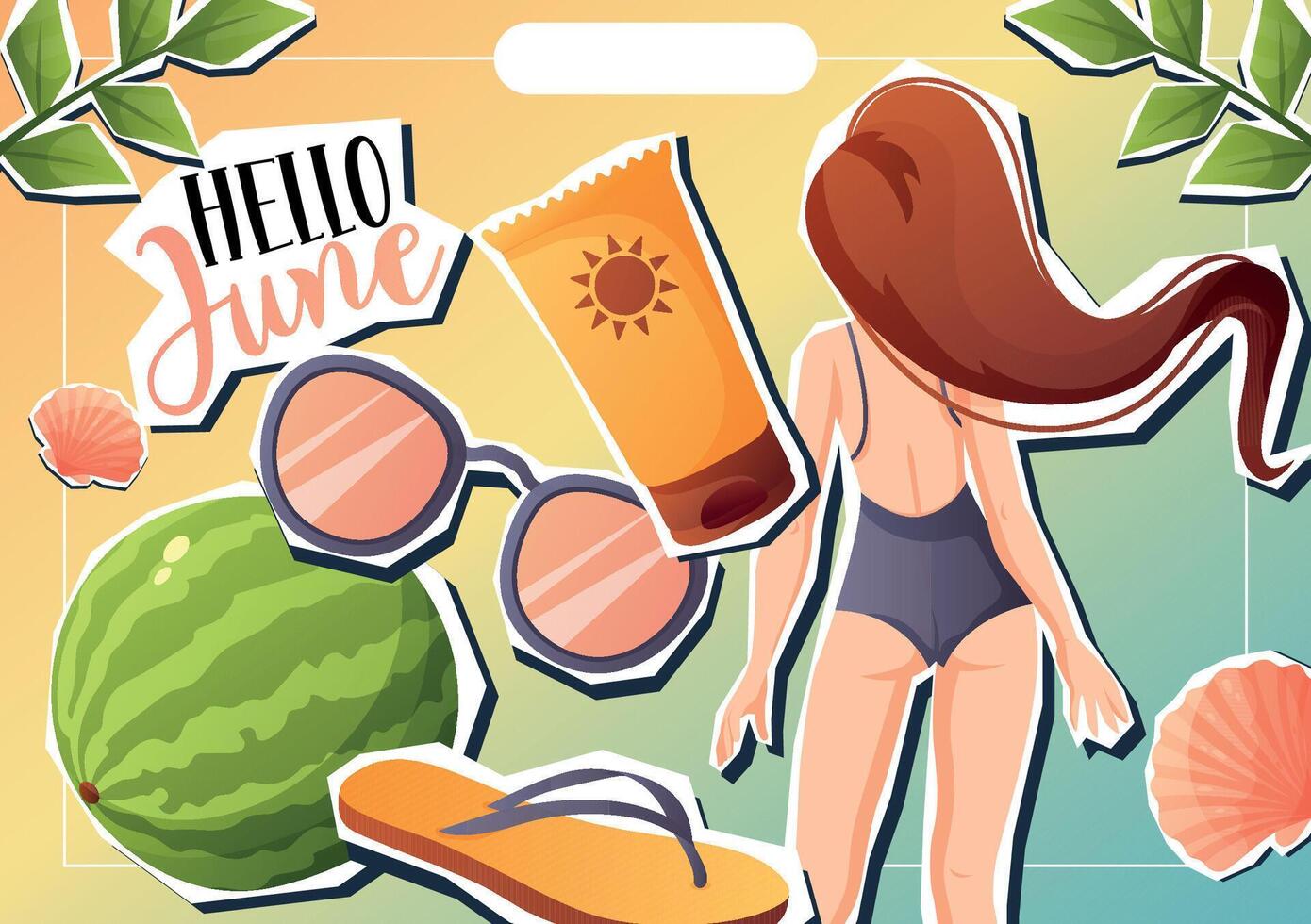 Hello June collage banner with girl and summer icons vector