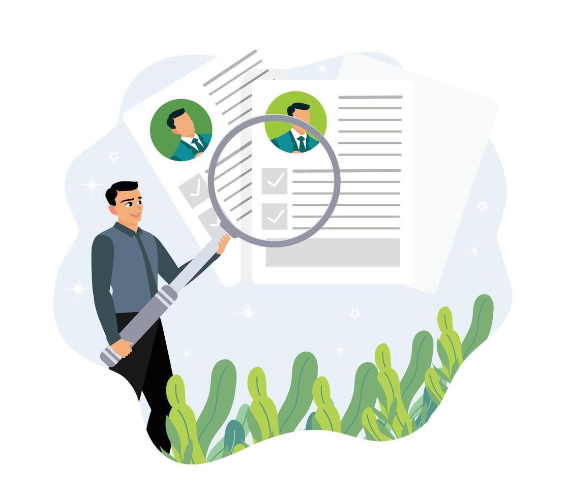 Human resources analyzes job seekers resumes with a magnifying glass. vector