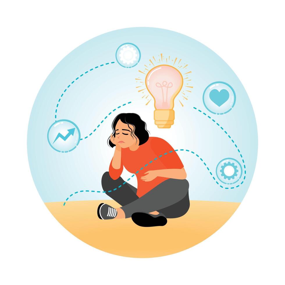 Woman Sitting and Pondering Amidst Imaginary Symbols. vector