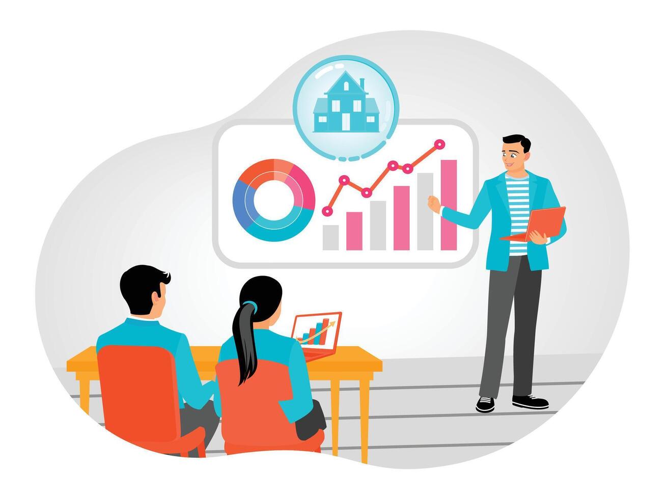Consulting Client Concept. Real estate agent explaining housing trends to clients in an office. vector