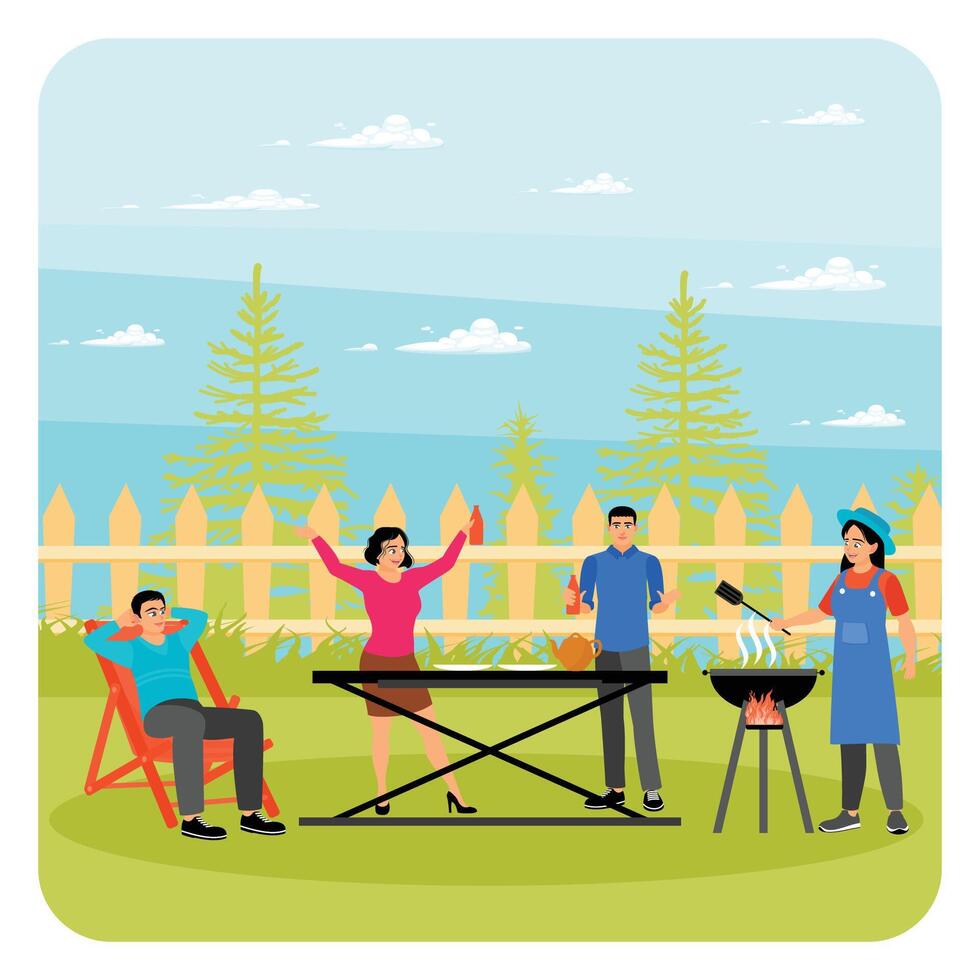 Neighbors and Friends Have a Backyard Barbecue Party on Summer Day. vector