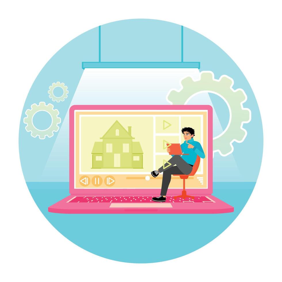 Real Estate Tour. Man Watching a Real Estate on a Laptop in a Modern Style. vector