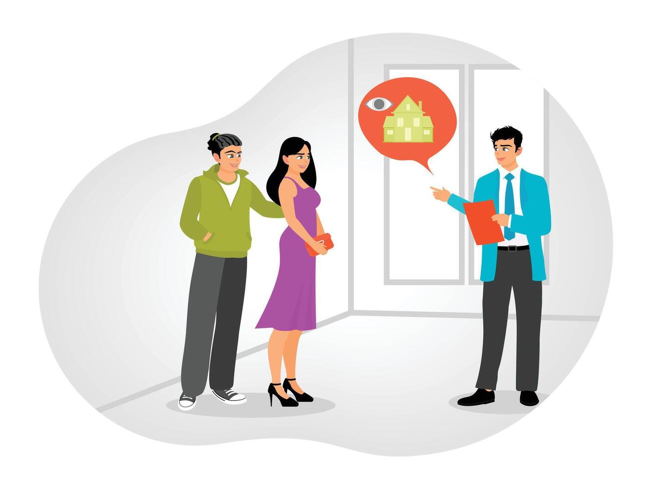 Real Estate Tour Concept. Property Agent Conducts Home Tour with Interested Couple. vector