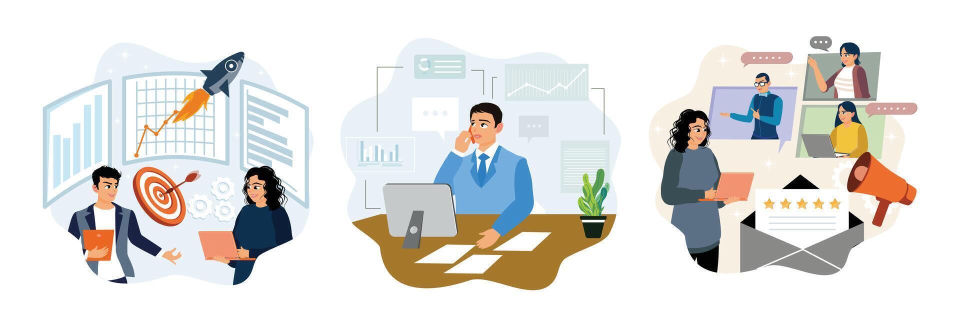 Advertising launch campaign, businessman communicates with customers who provide feedback. vector
