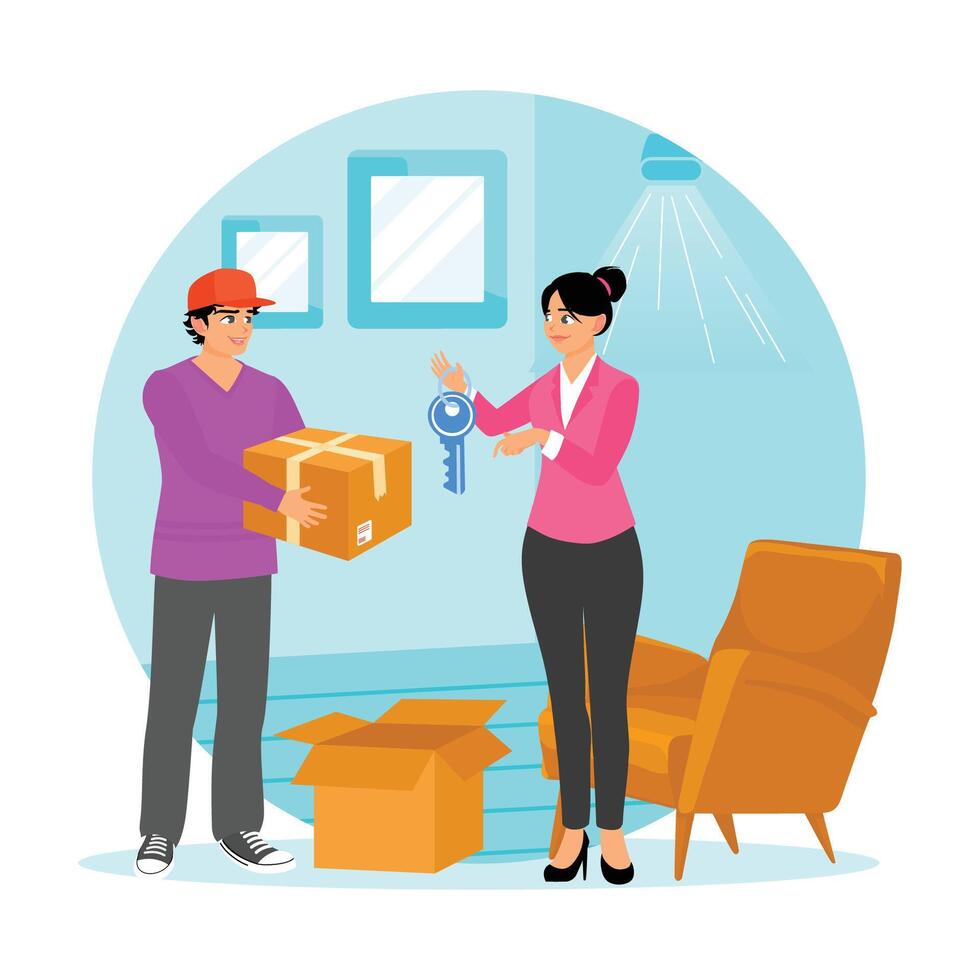 Property Owner Gives Keys to Clients Buying or Renting New Homes. vector