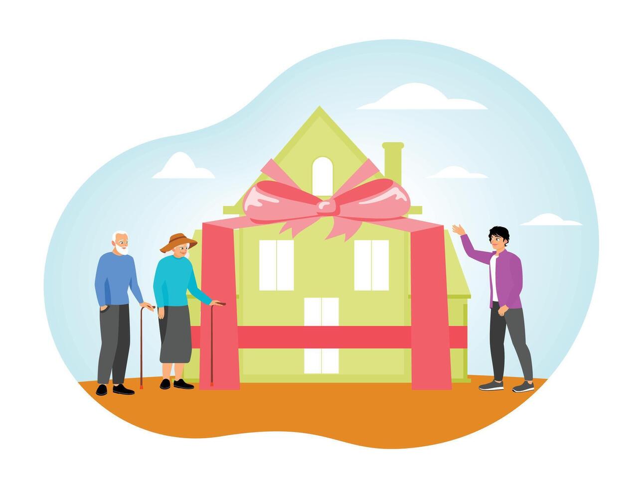 Elderly Couple Receiving a Gift-Wrapped House From a Young Man. vector