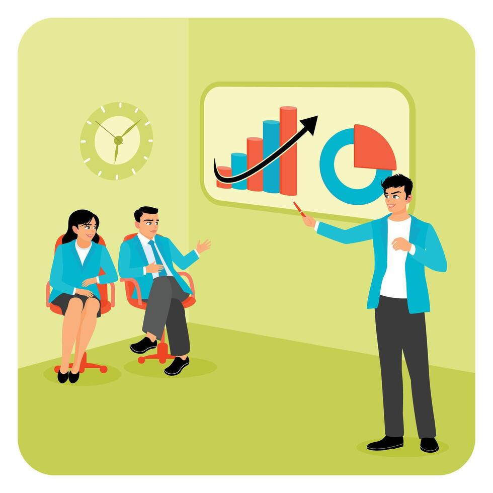 Business Meeting and Presentation in Modern Conference Room with Data Charts and Bar Graphs. vector