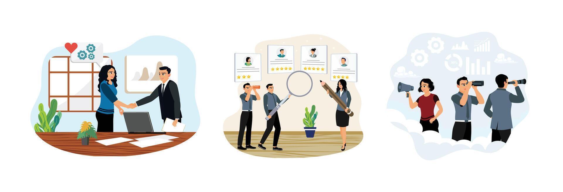 Employee recruitment process, job interviews, selecting candidates who fit the position. vector