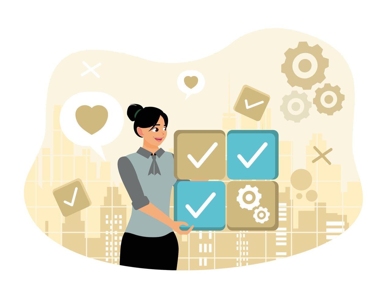The female entrepreneur evaluates the work results and gives a check mark. vector