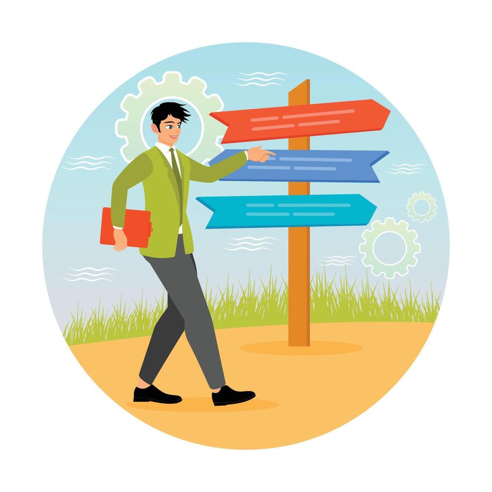 Businessman Making Decisions in Front of Signpost. vector
