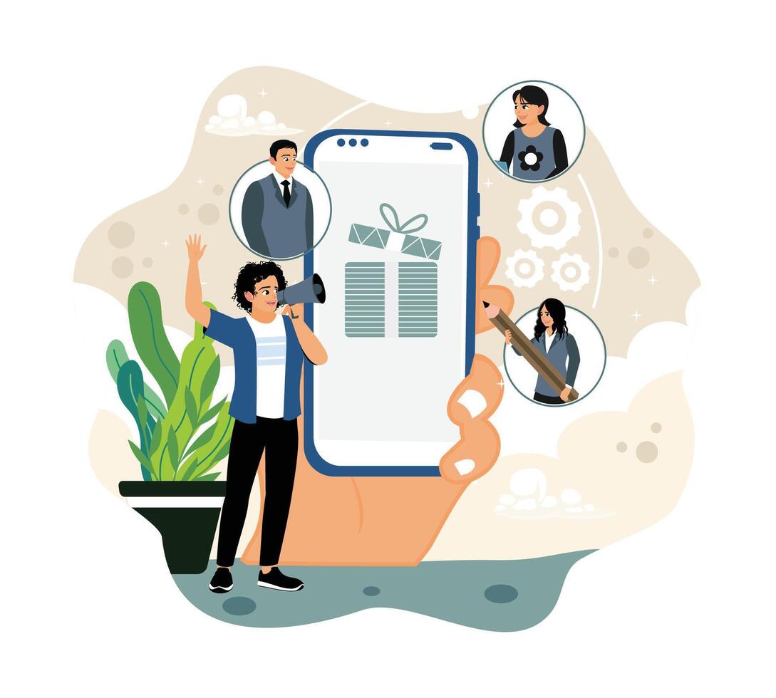 Marketing concept by inviting friends and winning prizes online. vector