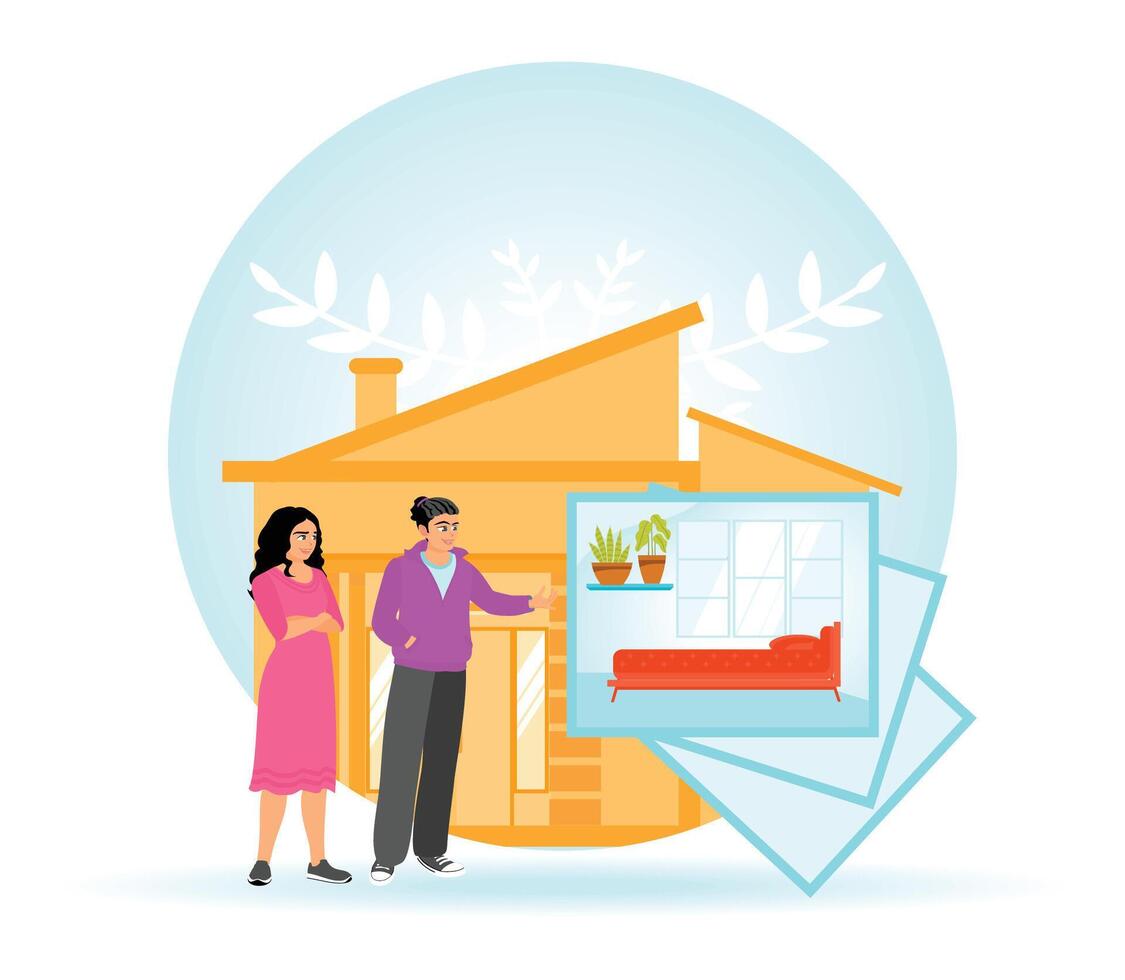 Real Estate Consultation With Home Visualization and Indoor Plan. vector