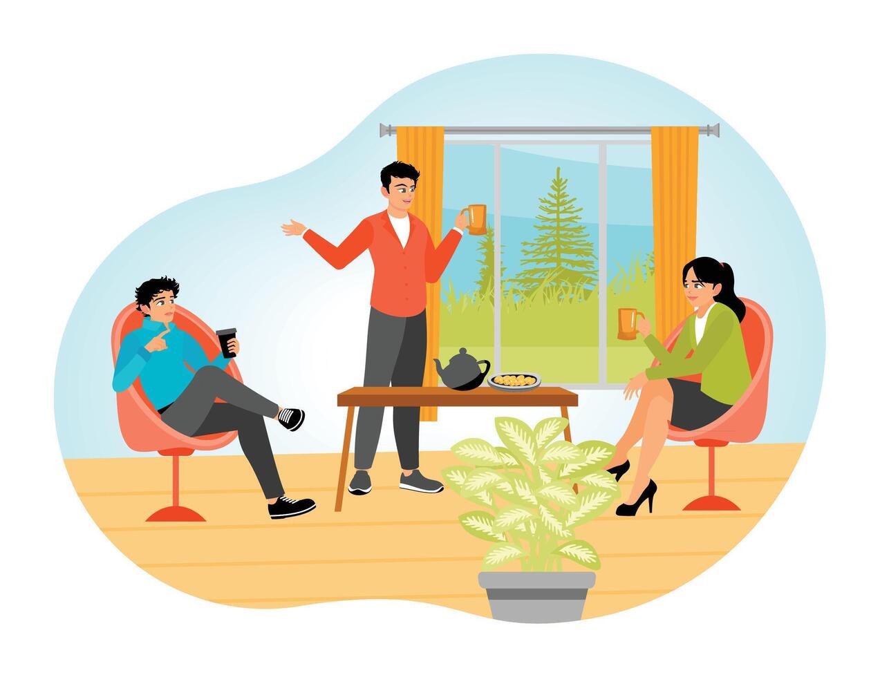 Friends Characters Meeting at Home, Drinking Tea, Eating Cookies and Having Conversation. vector
