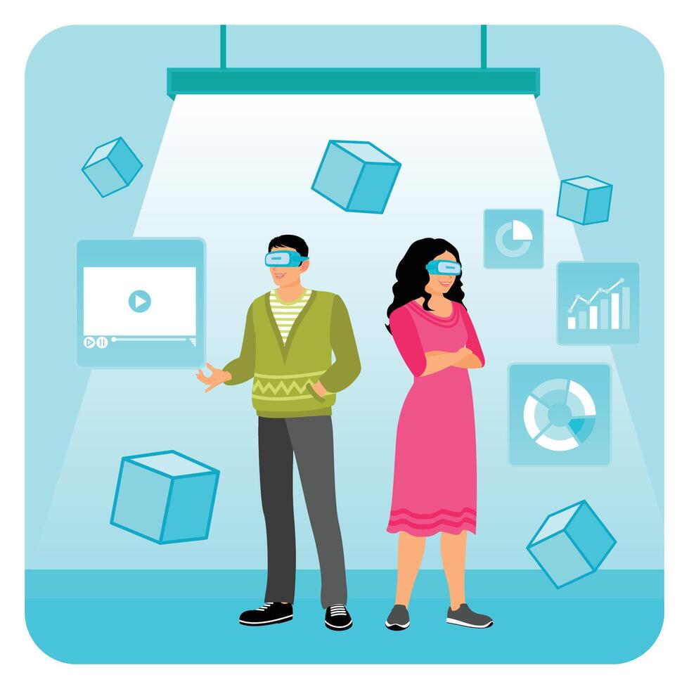 Virtual Augmented Reality Glasses with Two Individuals Exploring Interactive Digital Content. vector