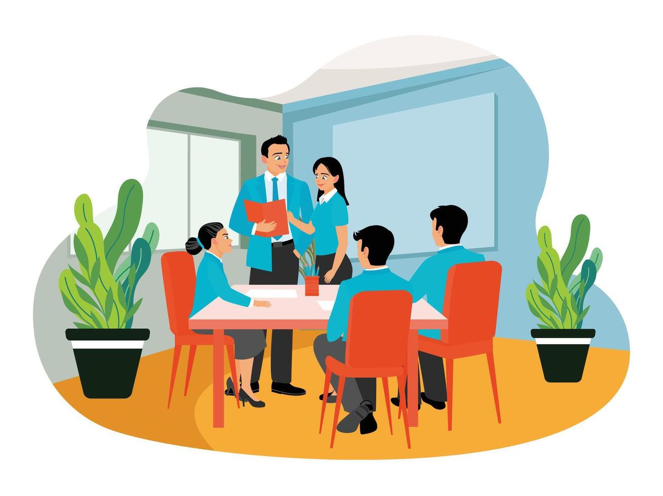 Entrepreneurs meet with clients and discuss advertising launch campaigns. vector