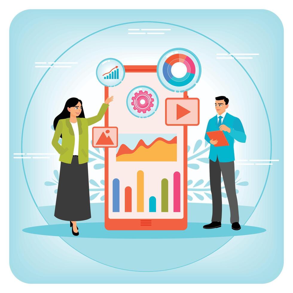 Business Team Analyzing Data With Charts and Graphs on a Mobile Interface. vector