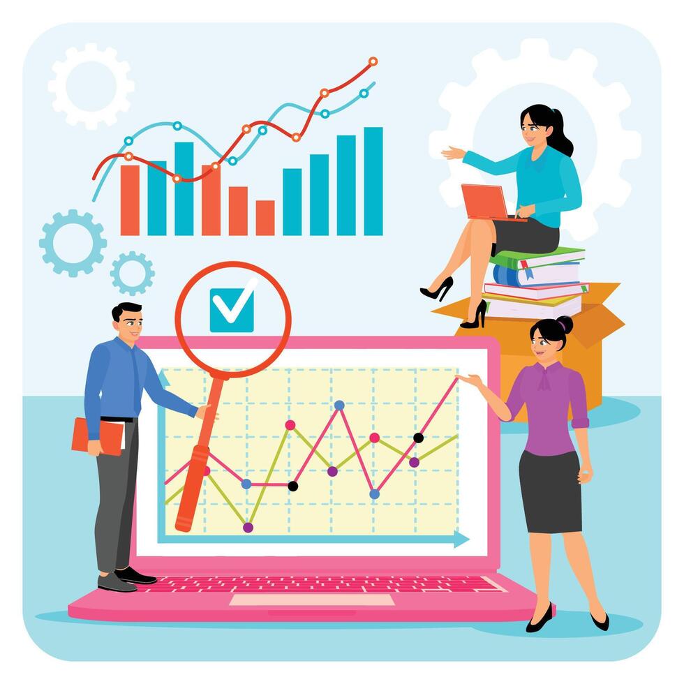 People Characters Working Analyzing Business Data on Laptop with Charts and Graphs. vector