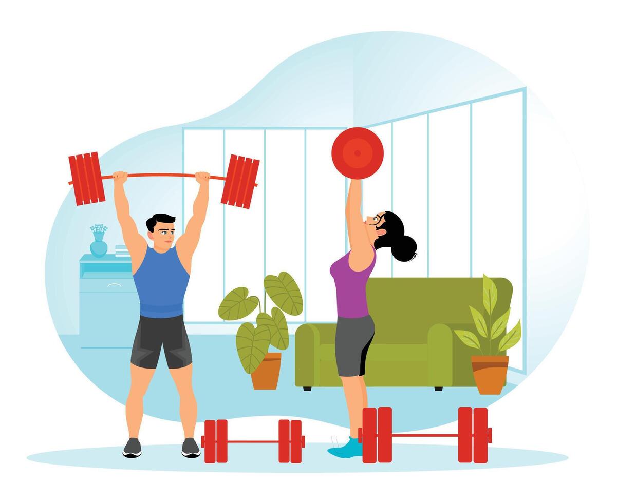 Lifting Dumbbell Weights. Couple Strength Training at Home with Barbells. vector