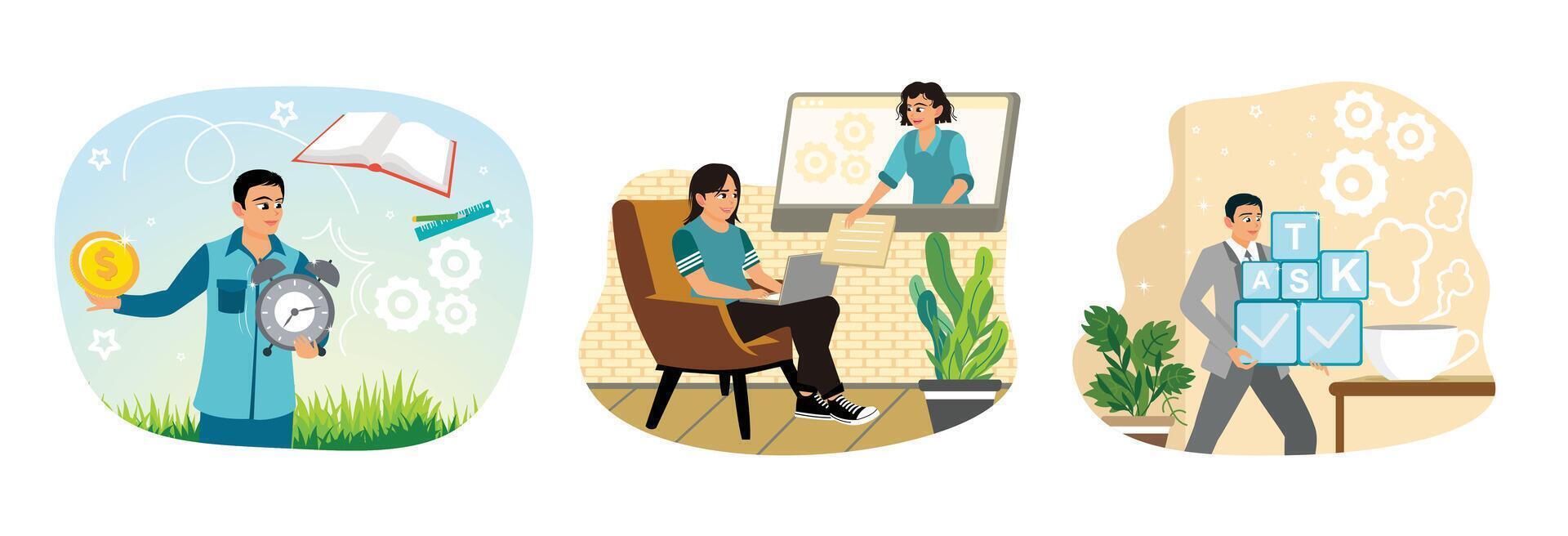 Business people balance time, money and resources, collaborates online, and organizes the workflow. vector