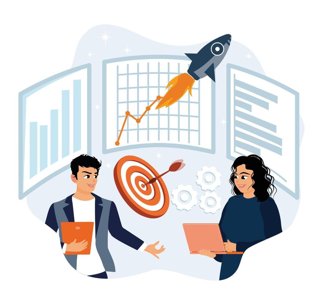 The marketing team meets and discusses the advertising launch campaign. vector