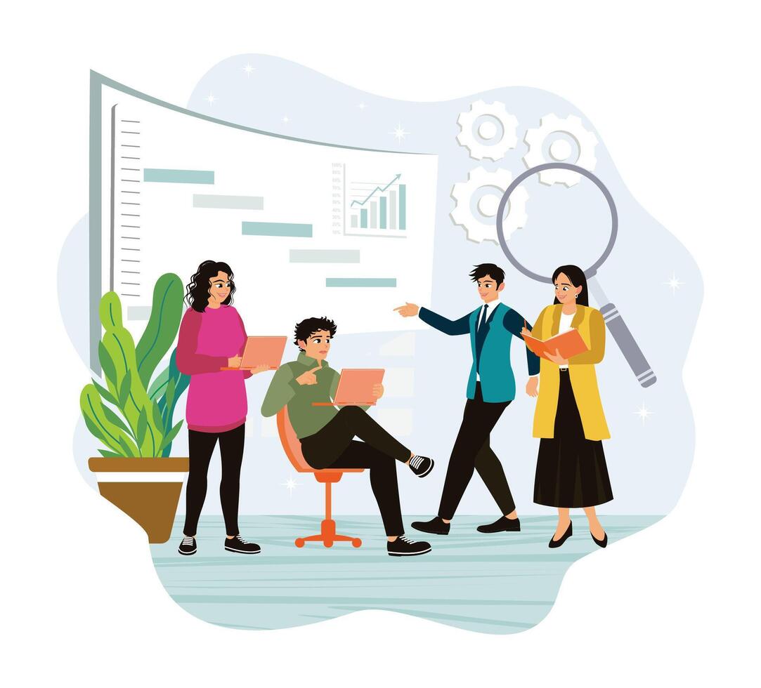 Business teams meet and analyze marketing data. vector