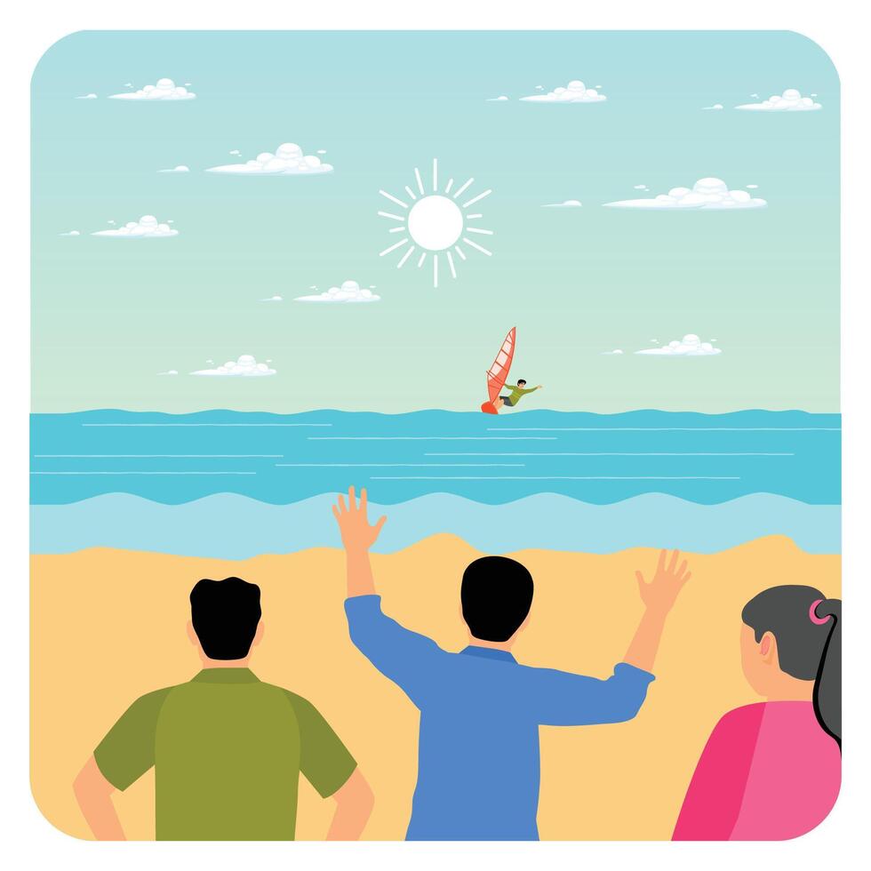 Friends Watching Windsurfing at the Beach. vector