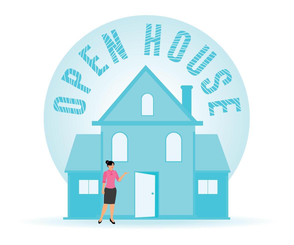 Open House Concept. Real Estate Open House with Representative and Residential Home. vector