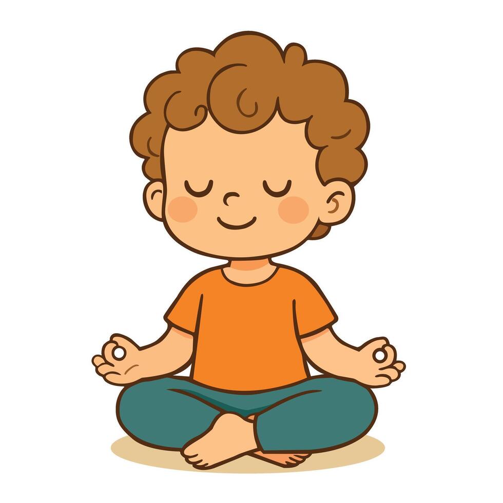 Illustration of a Cute Boy Meditating in Lotus Pose with Peaceful Expression vector