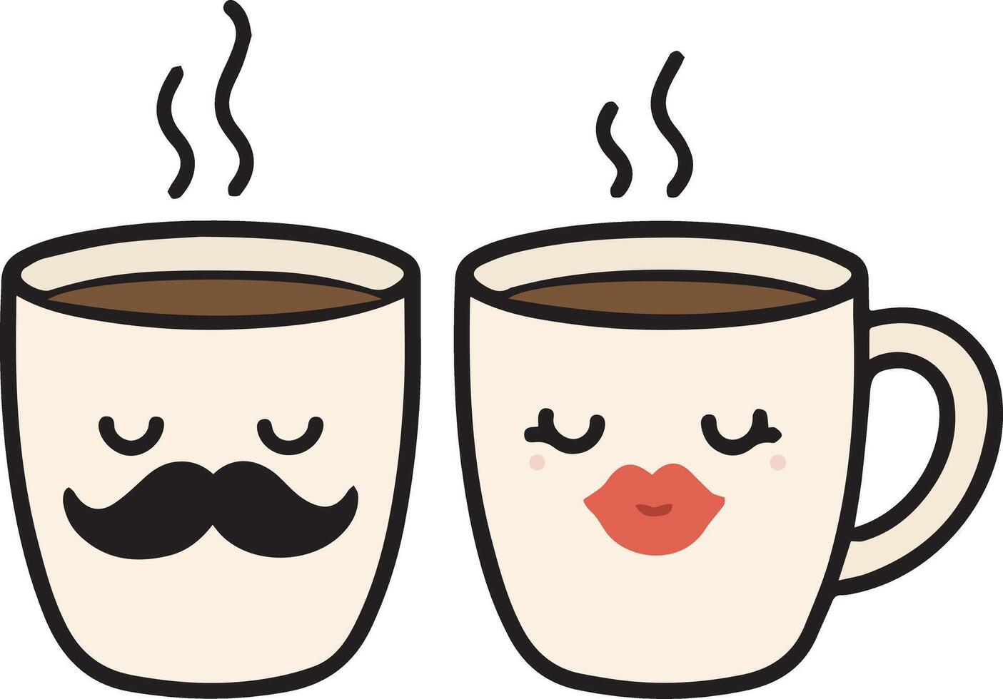Cute Coffee Cups with Mustache and Lips Design, Cartoon Style vector