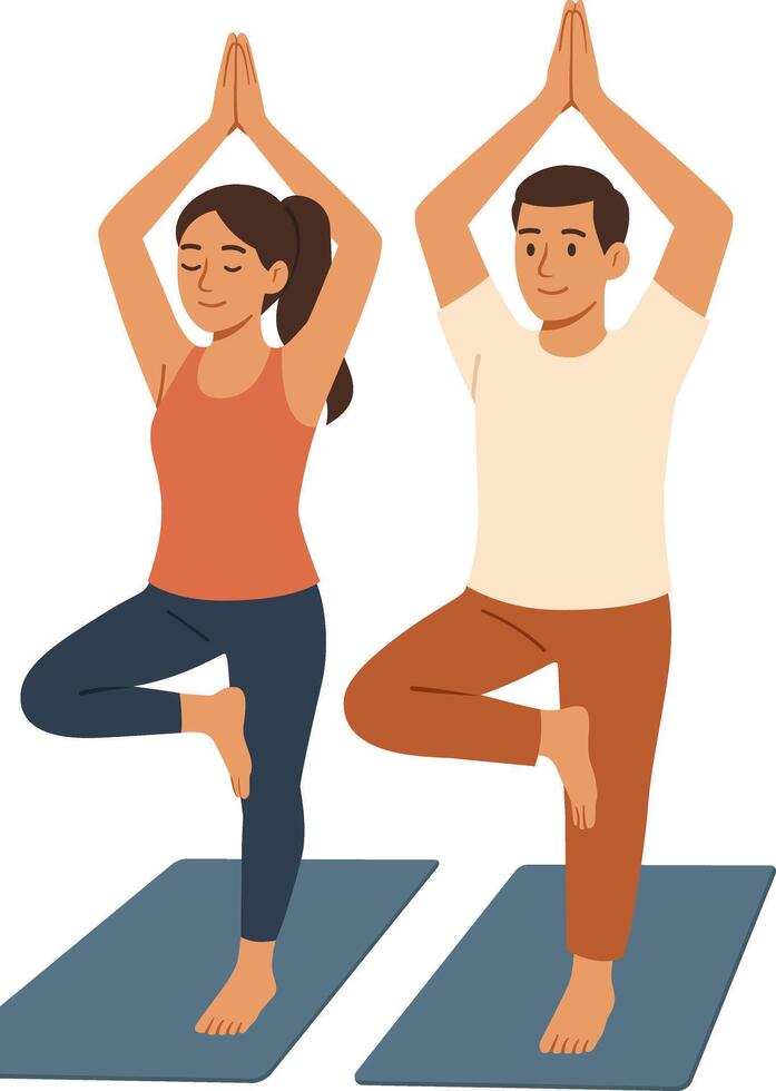 Illustration of a Couple Practicing Tree Pose Yoga on Mats vector