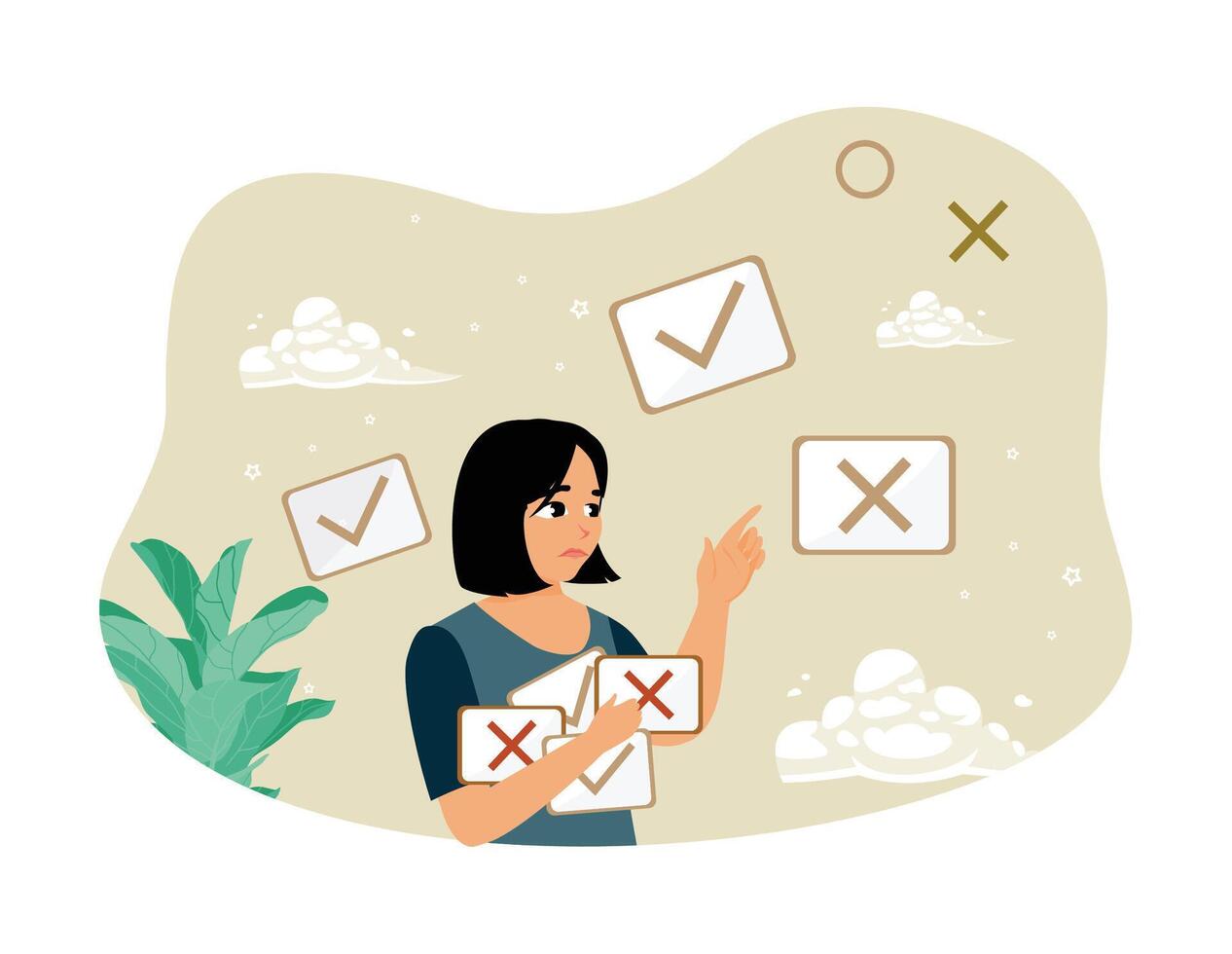 Businesswoman evaluates options for decision making. vector