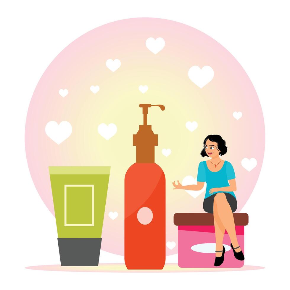 Skincare Routine with Product Bottles, Cleanser and a Relaxing Woman. vector