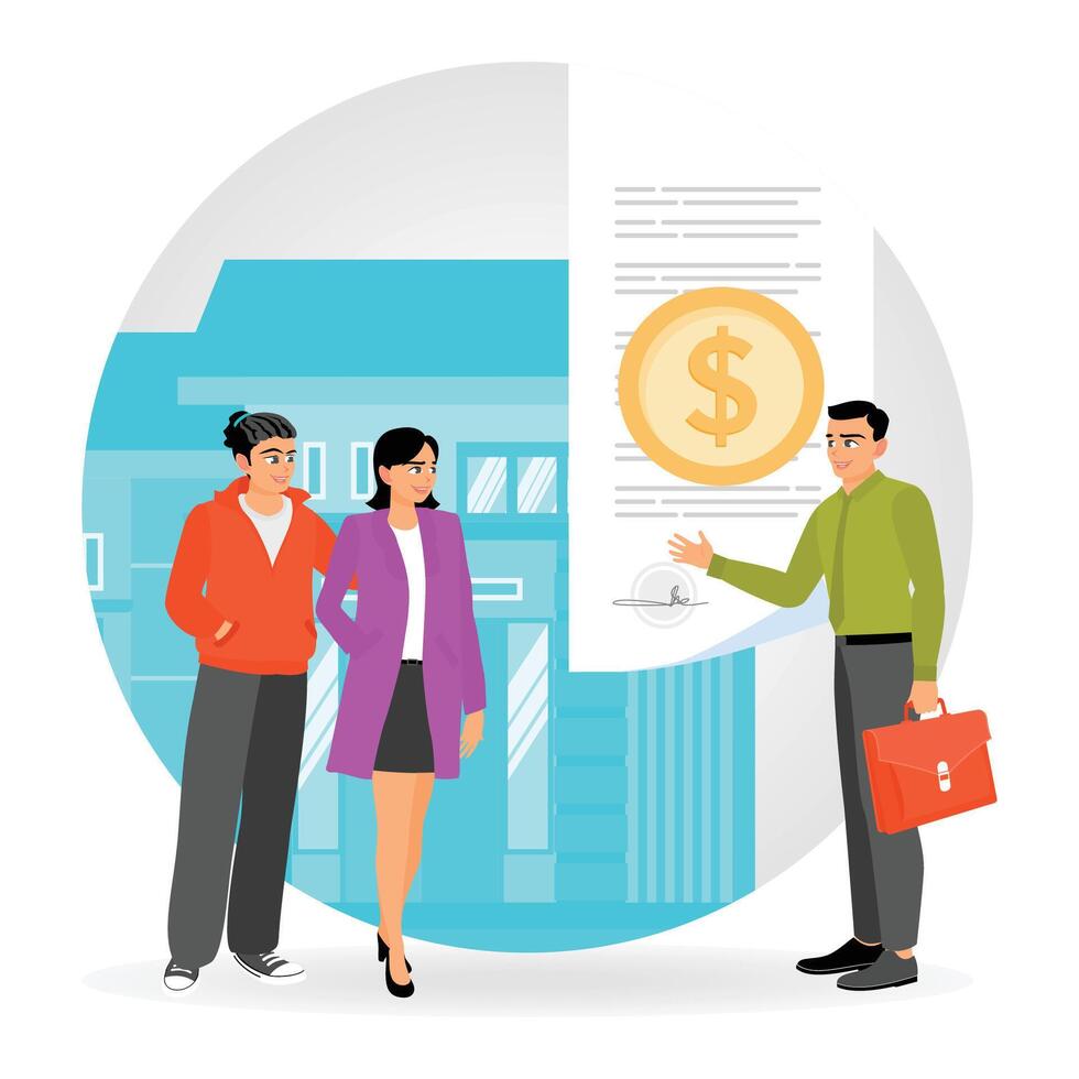 Acquiring Mortgage Concept. Couple Obtains Mortgage from Loan Officer for Property Purchase. vector