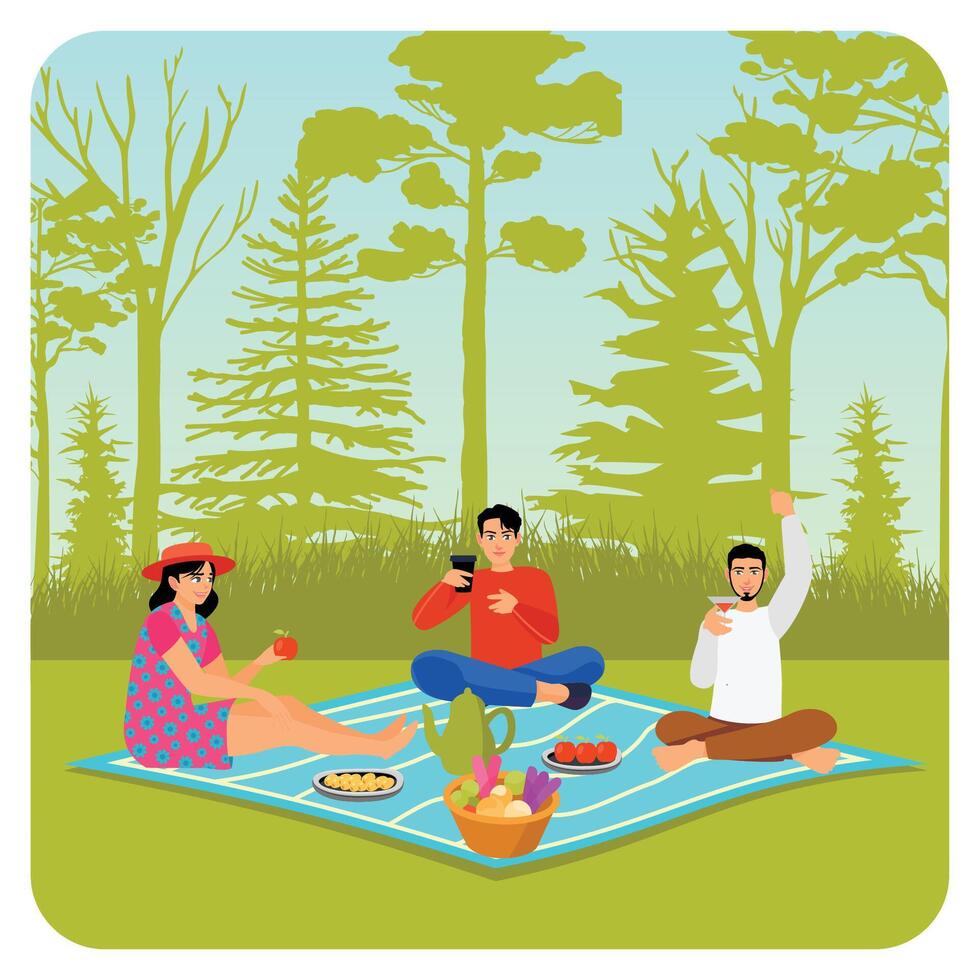 Friends enjoy a picnic on a spring day, they sit, drink and eat snacks and fruits. vector