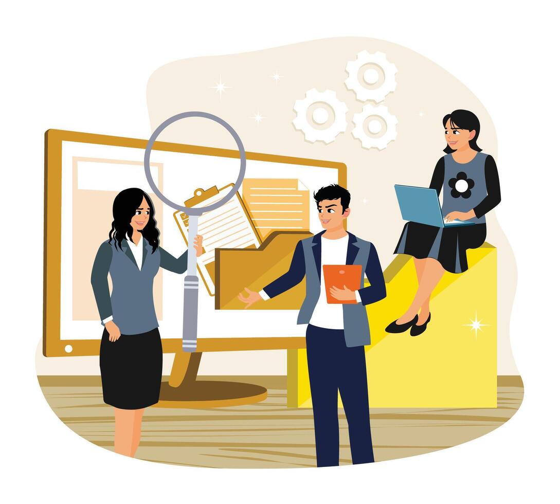 Office workers store data and files on computers. vector