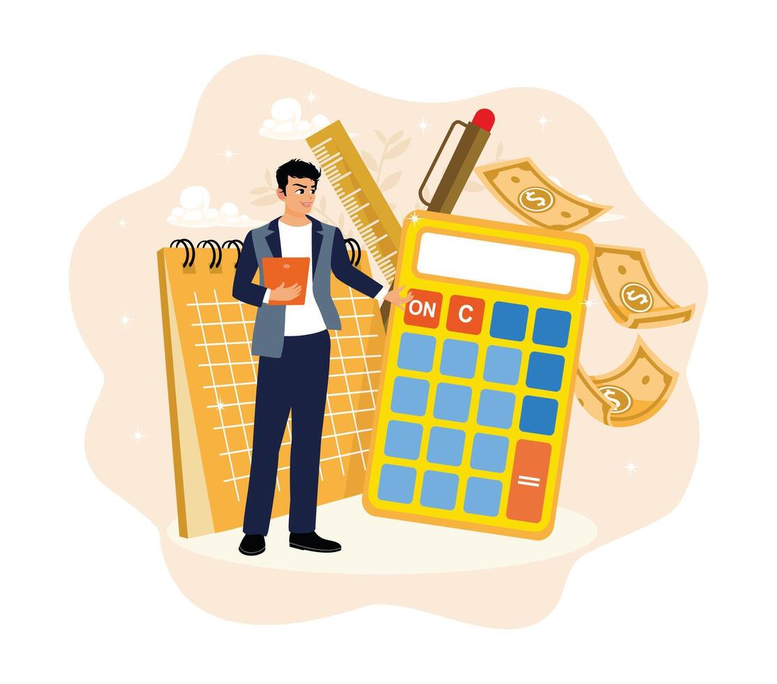 An accountant calculates estimates and budgets for a company's finances. vector