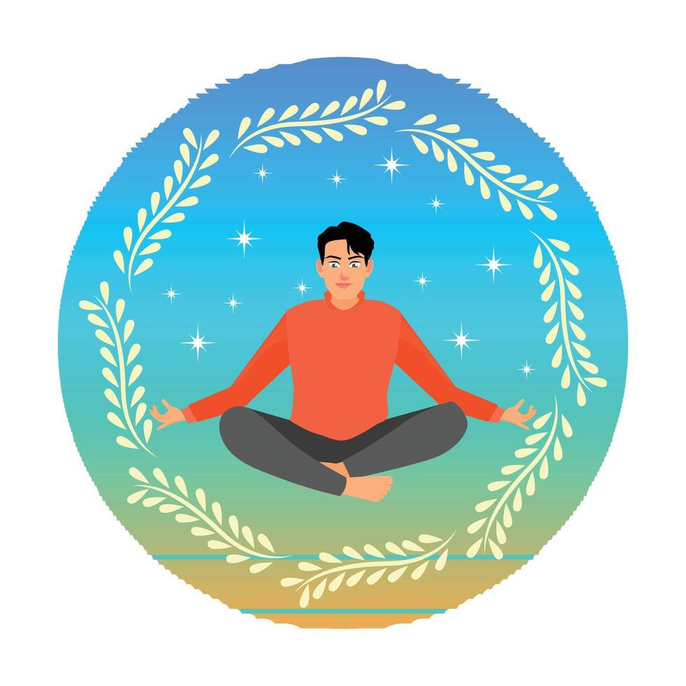 A Mindful and Peaceful Man Meditating While Sitting Cross-legged. vector