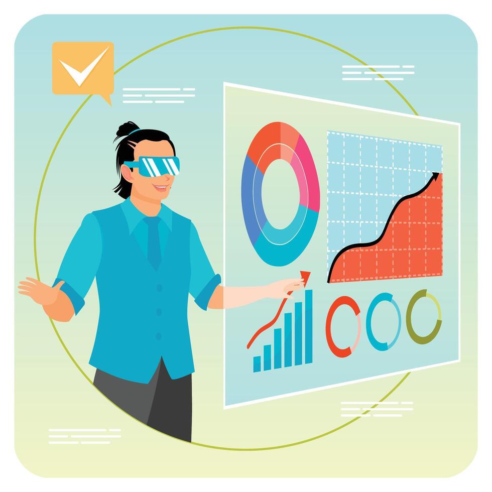 Man Using Virtual Reality Interface Displaying Data Analysis and Graphs. vector