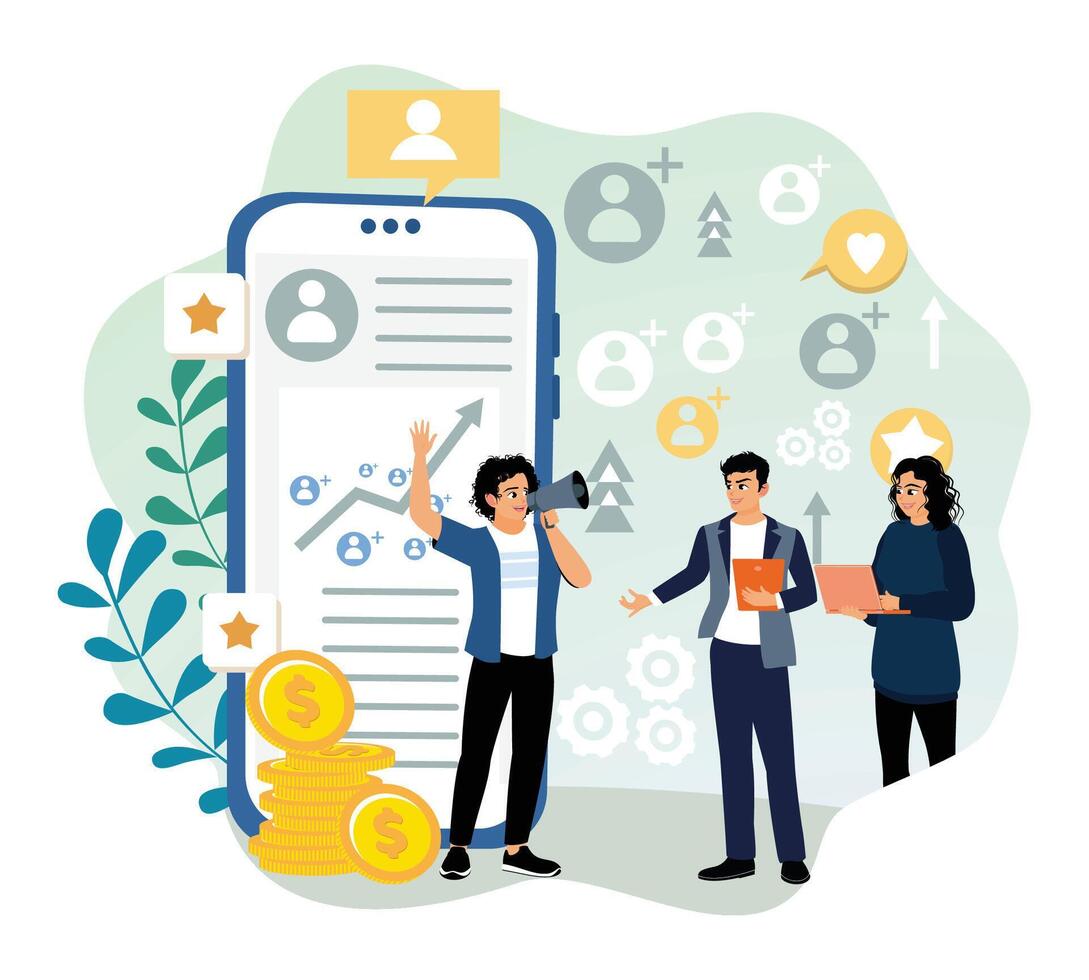 Digital marketing team collaborating on campaign strategy using mobile technology. vector