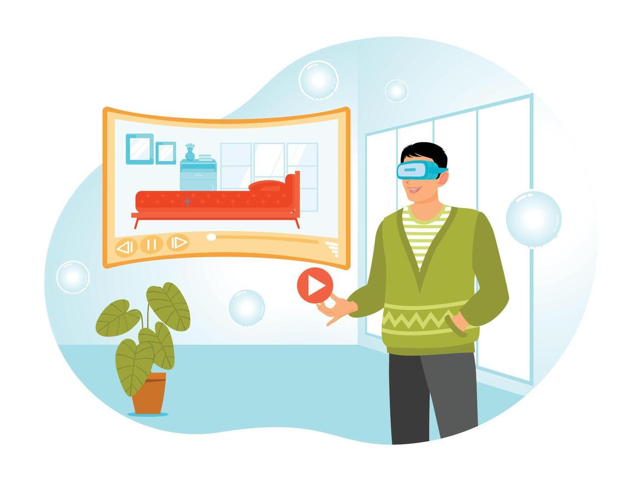 Real Estate Virtual Tour Concept. Man Exploring Virtual Interior in a Modern Room. vector