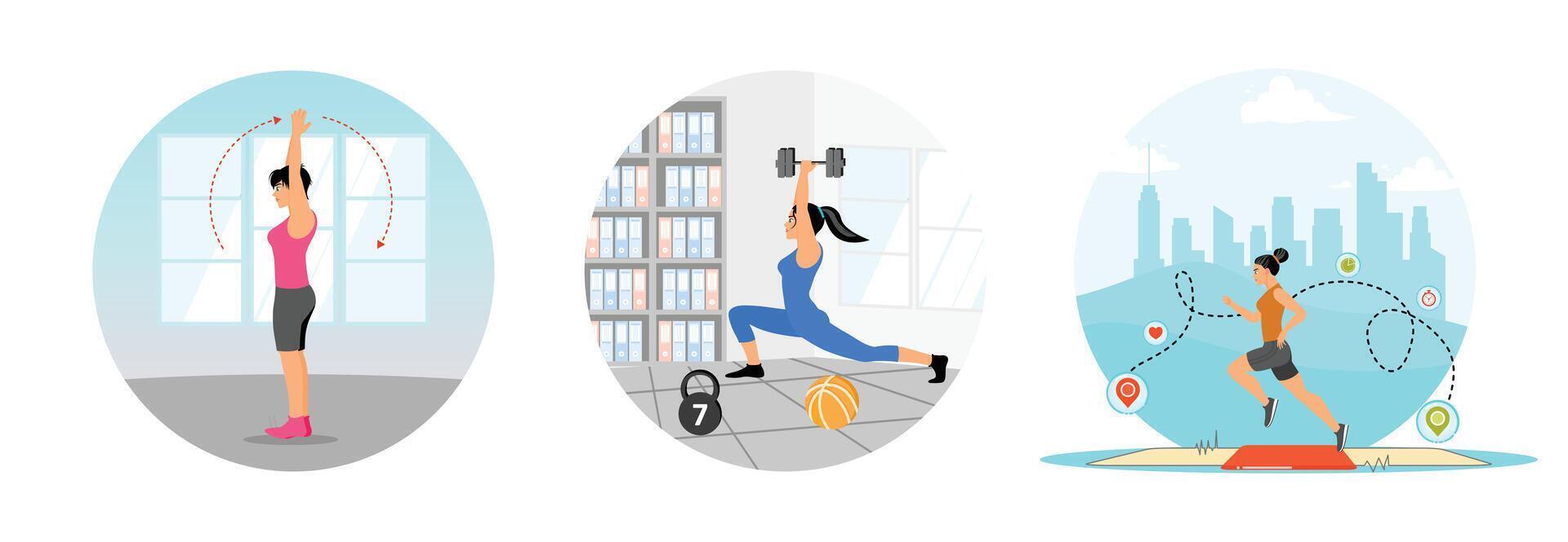 Jumping Jack Exercise. Exercising with Dumbbells and Kettlebells. Jogging With Fitness Icons. vector