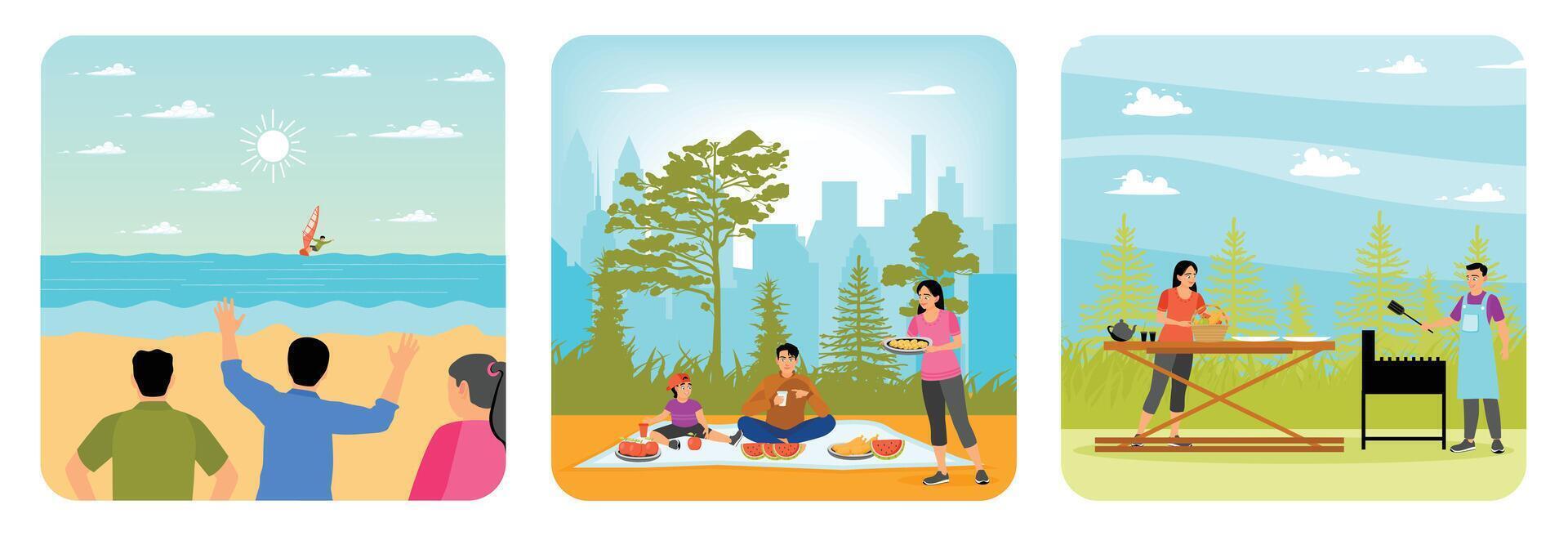 Watching Windsurfing at the Beach. Having Picnic in City Park. Couple Having a Barbecue Picnic. vector